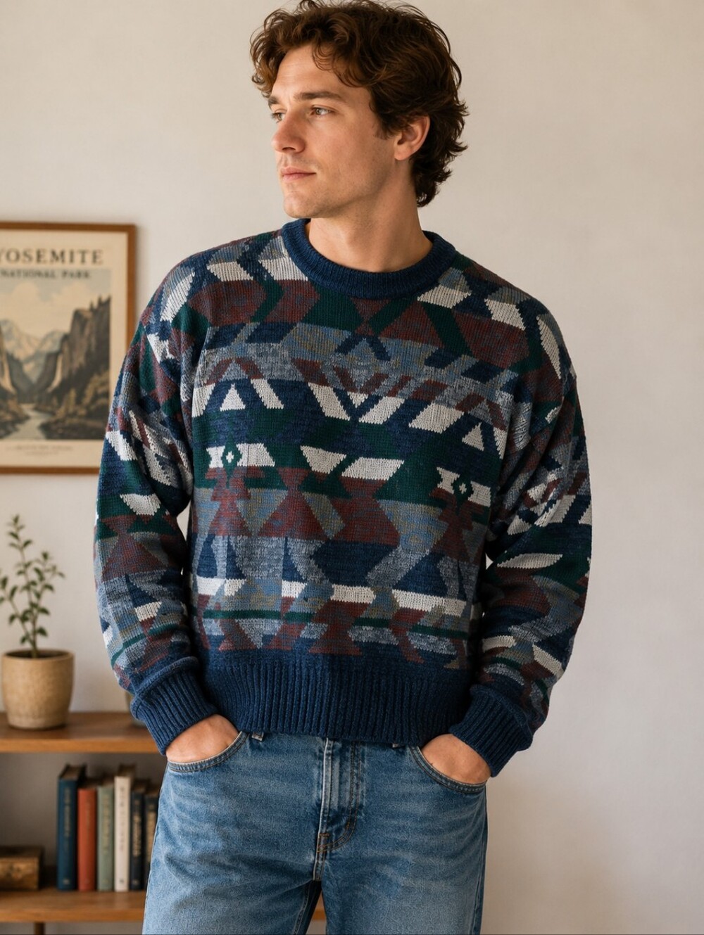 Vintage Campus 80s Knit Geometric Sweater Navy Blue Men's Large L Grandpa EUC